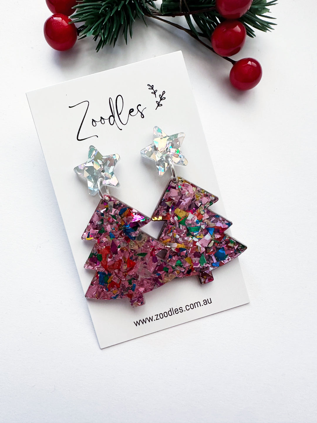 Zoodles Acrylic Dangles - Pink Kaleidoscope Christmas Trees