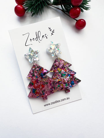 Zoodles Acrylic Dangles - Pink Kaleidoscope Christmas Trees