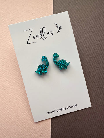 Zoodles Acrylic Studs - Green Glitter Brachiosaurus Dinosaurs