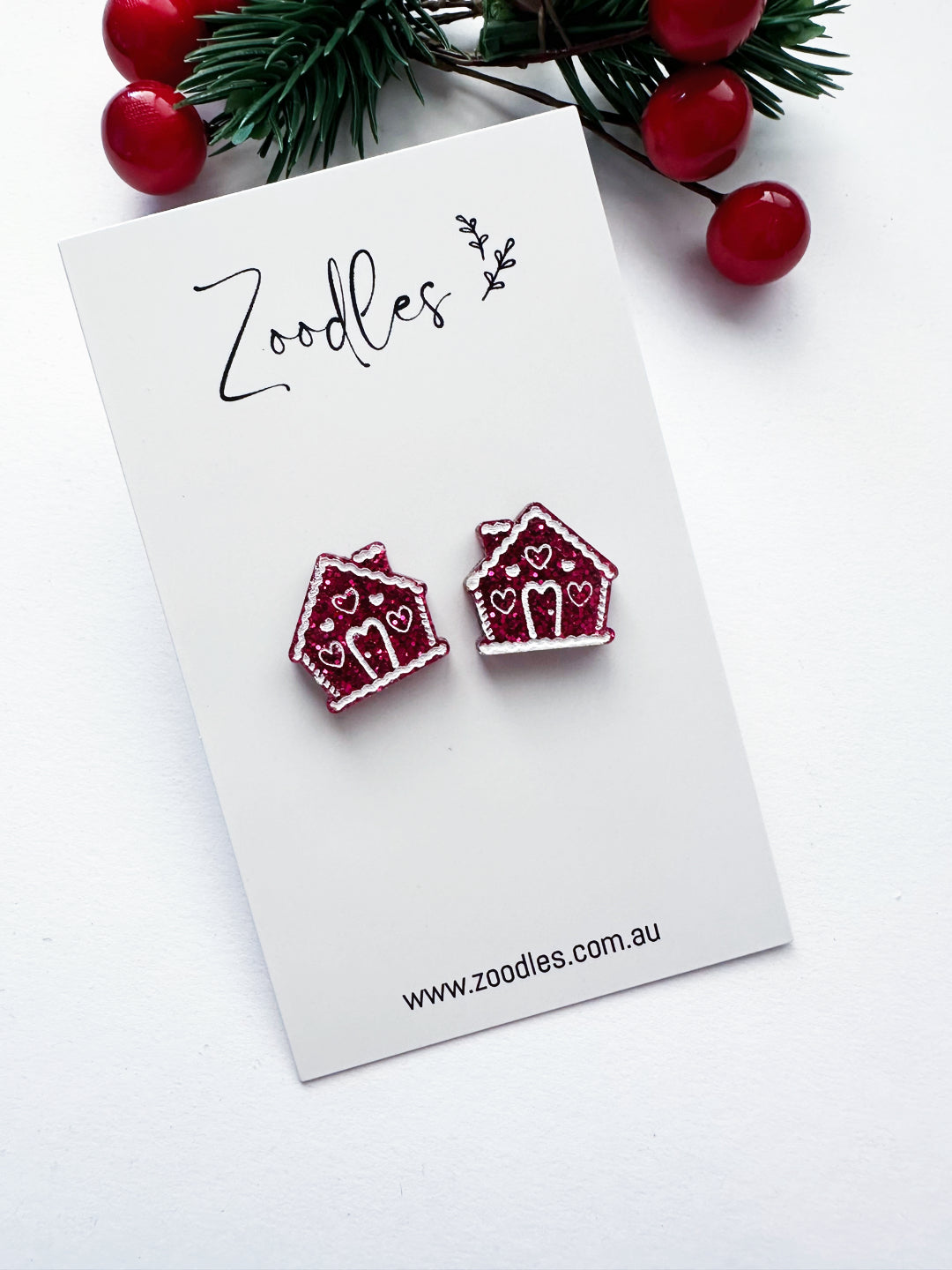 Zoodles Acrylic Studs - Pink Glitter Gingerbread House