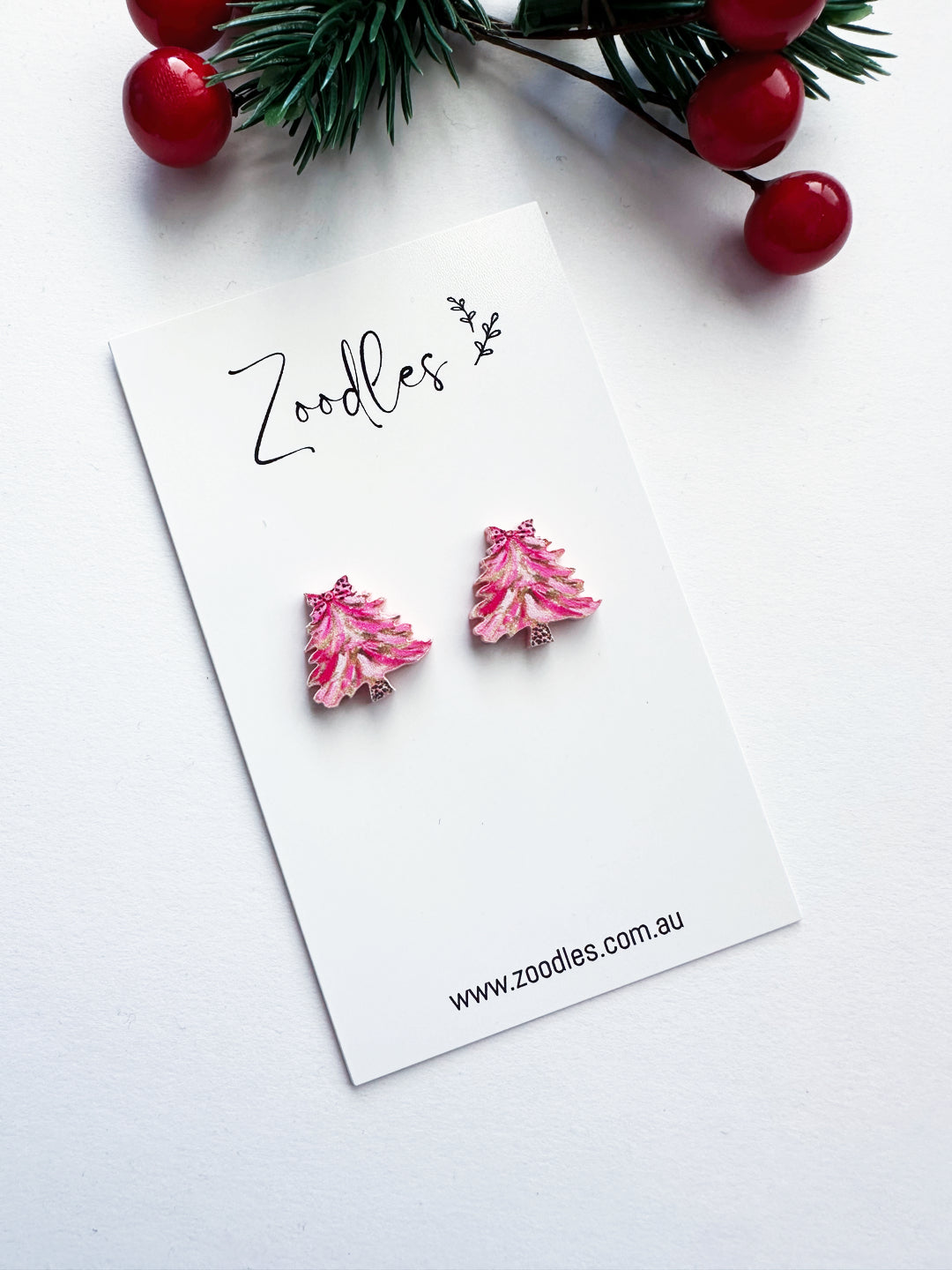 Zoodles Acrylic Watercolour Pink Christmas Tree Studs