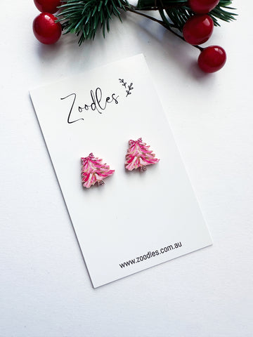 Zoodles Acrylic Watercolour Pink Christmas Tree Studs