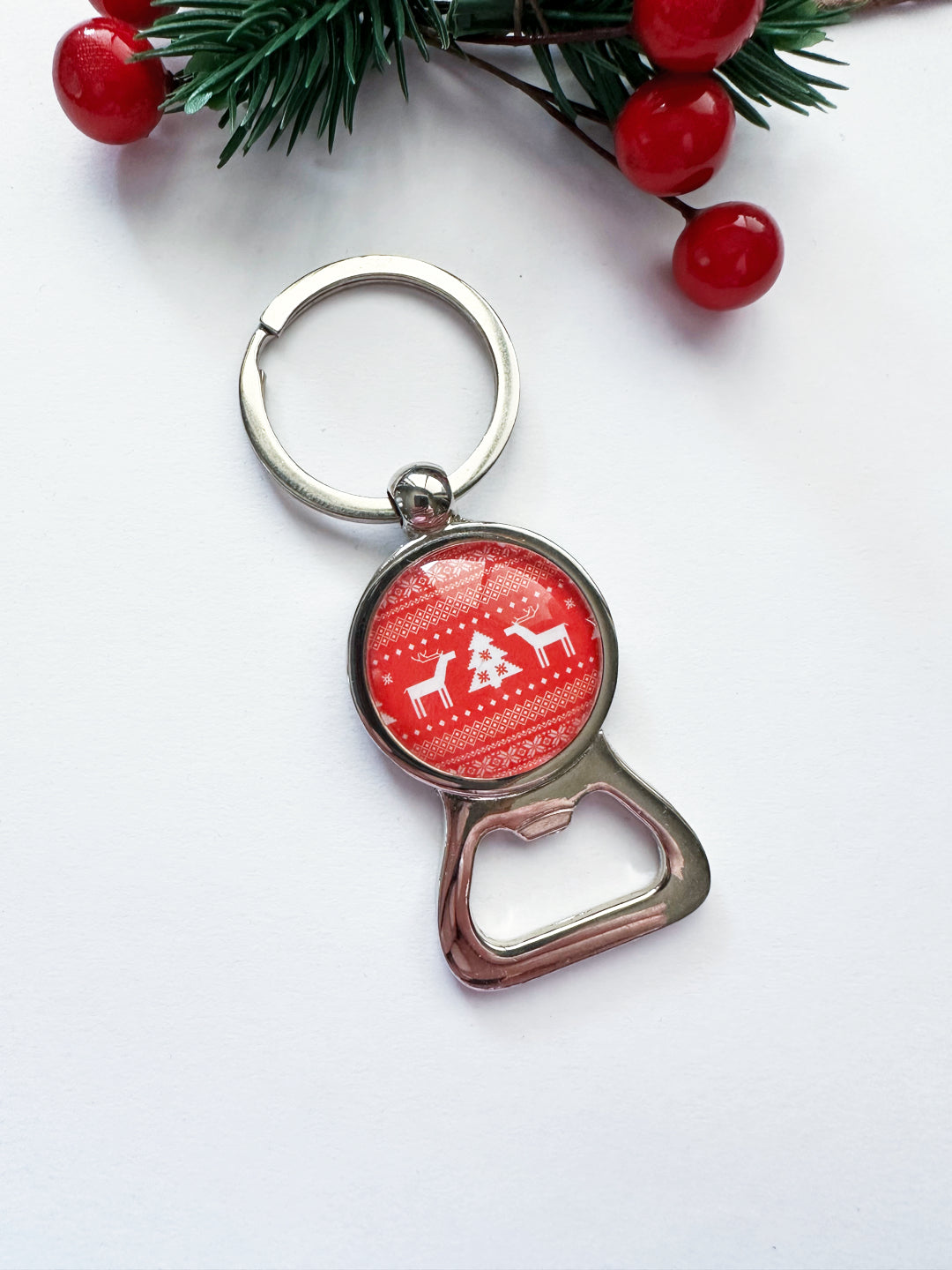 Zoodles Glass Dome Keyring with Bottle Opener - Reindeers