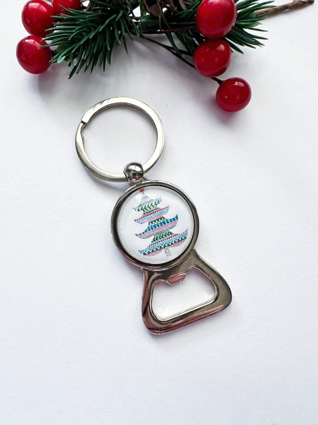 Zoodles Glass Dome Keyring with Bottle Opener - Christmas Tree