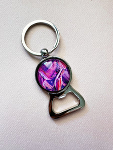 Zoodles Glass Dome Keyring with Bottle Opener - Pink & Purple Swirl