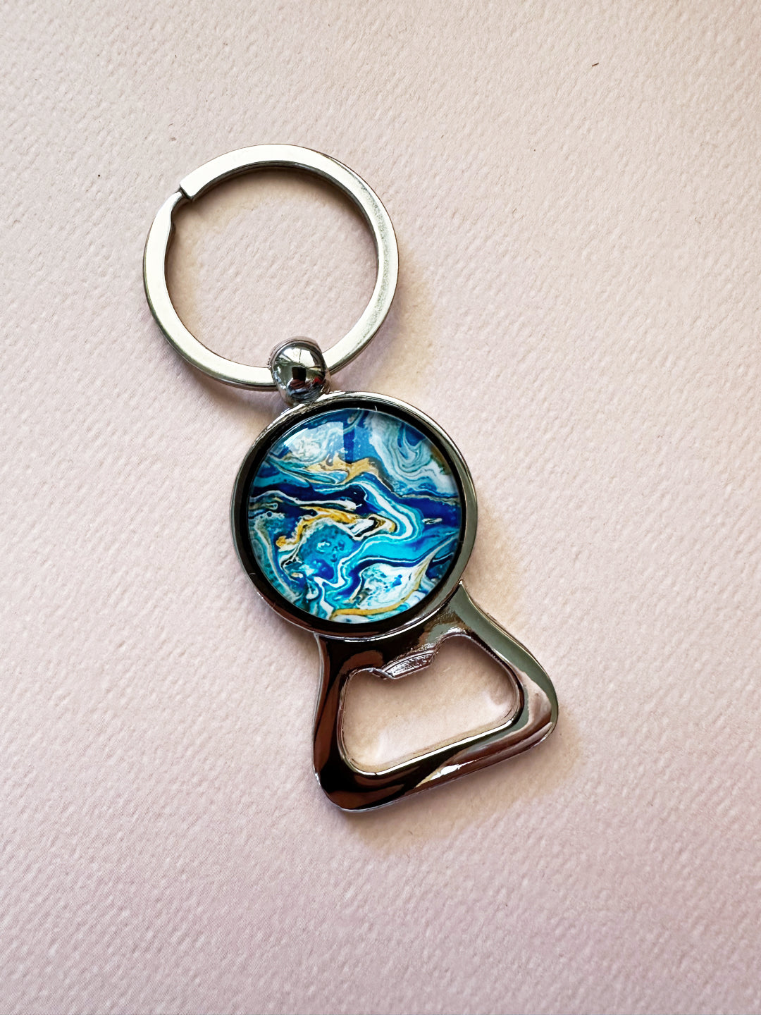 Zoodles Glass Dome Keyring with Bottle Opener - Blue & Gold Swirl