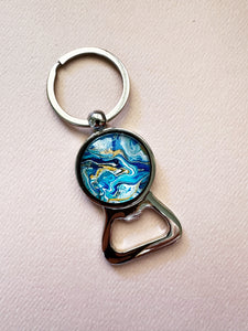 Zoodles Glass Dome Keyring with Bottle Opener - Blue & Gold Swirl