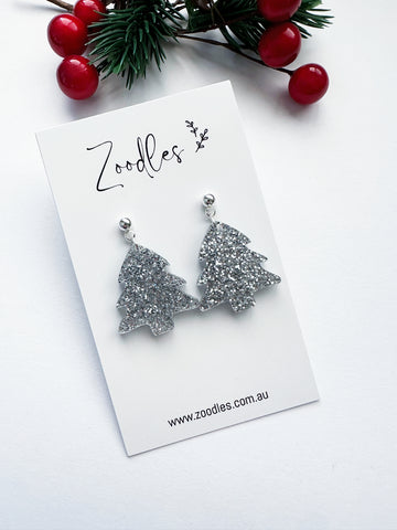Zoodles Acrylic Small Dangles -  Silver Christmas Tree