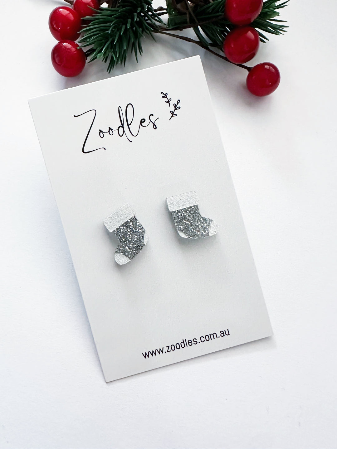 Zoodles Acrylic Christmas Studs - Silver Stockings