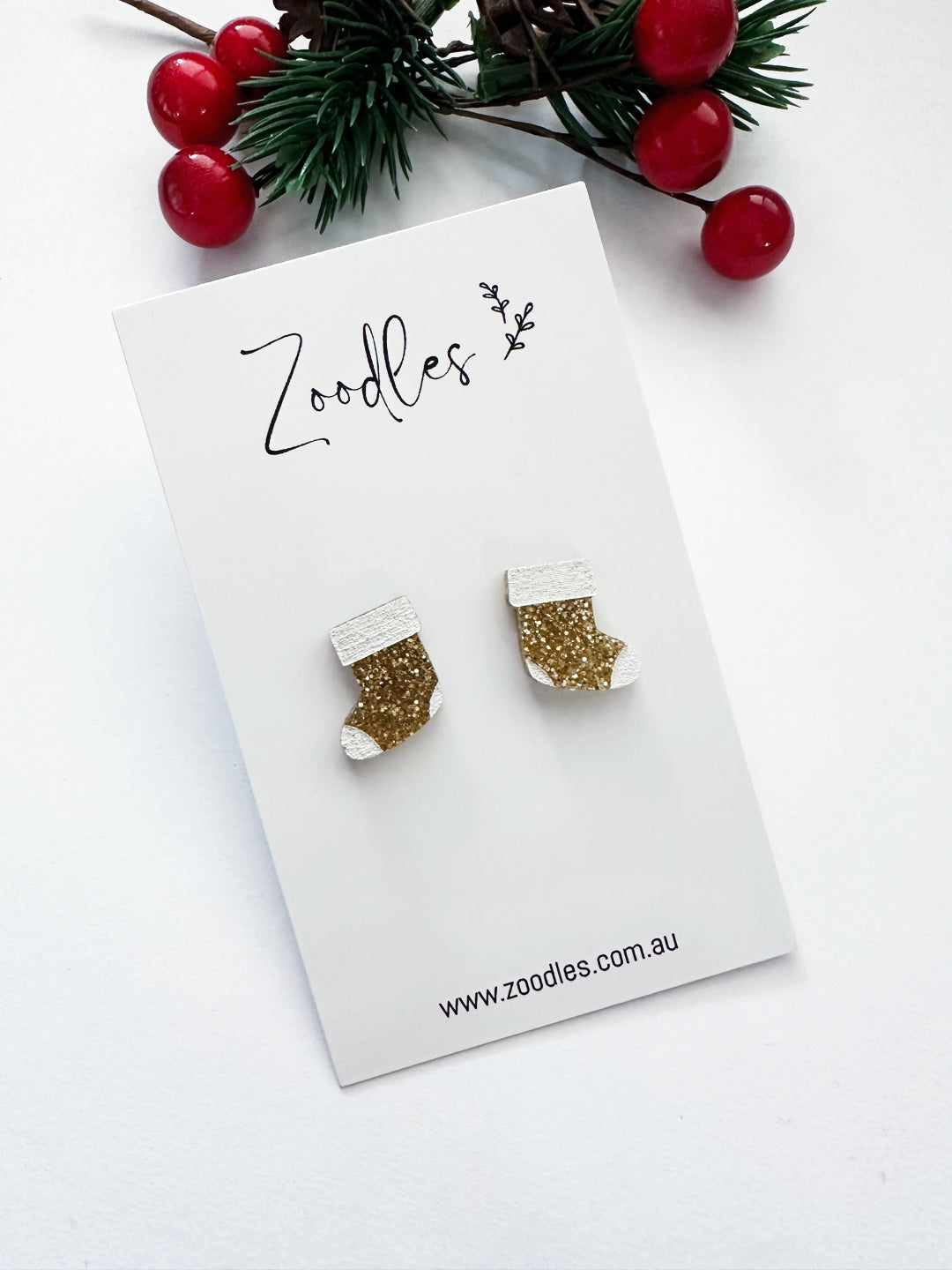 Zoodles Acrylic Christmas Studs - Gold Stockings