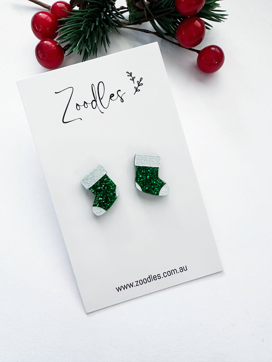 Zoodles Acrylic Christmas Studs - Green Stockings