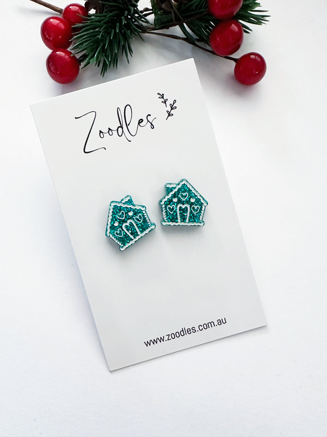 Zoodles Acrylic Studs - Teal Glitter Gingerbread House
