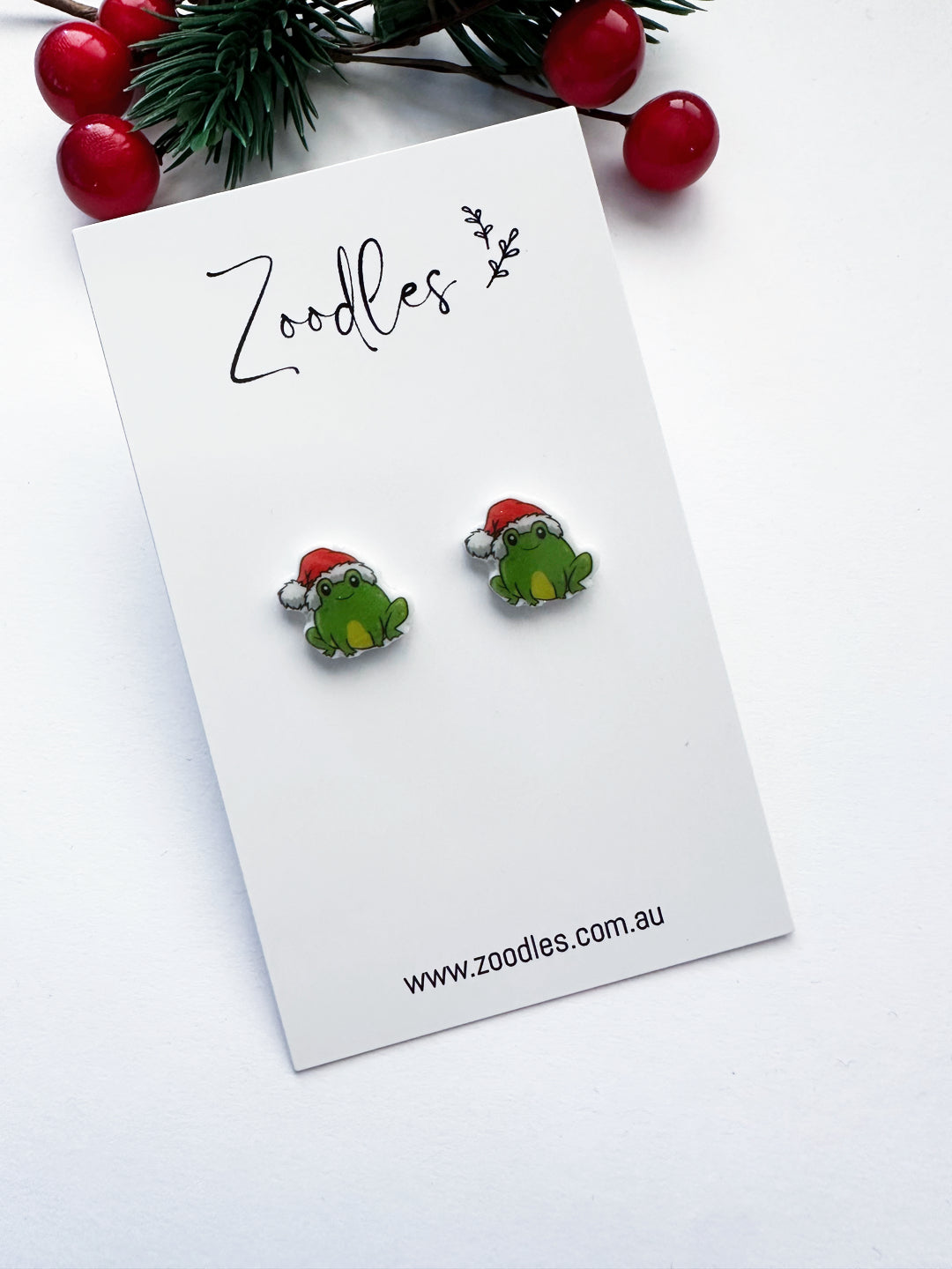 Zoodles Acrylic Mini Studs - Frog Santa Hat
