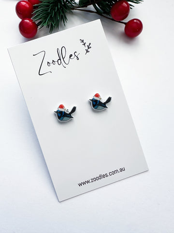 Zoodles Acrylic Mini Studs - Wagtail Bird Santa Hat