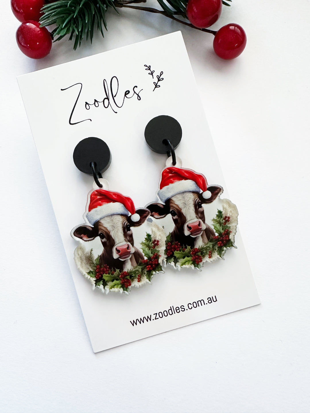 Zoodles Acrylic Dangles - Cow Santas