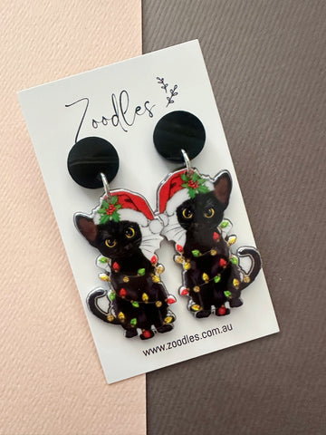 Zoodles Acrylic Dangles - Black Cat in Christmas Lights