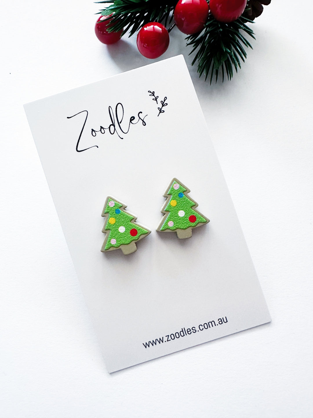 Zoodles Christmas Tree Studs - Green Polka Dot