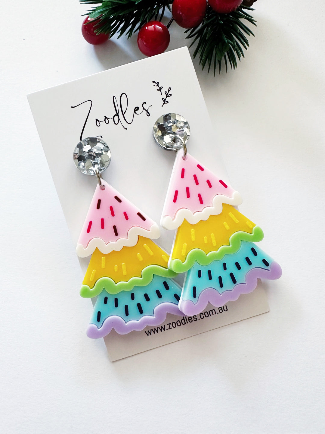 Zoodles Acrylic Statement Dangles - Chunky Pastel Christmas Trees