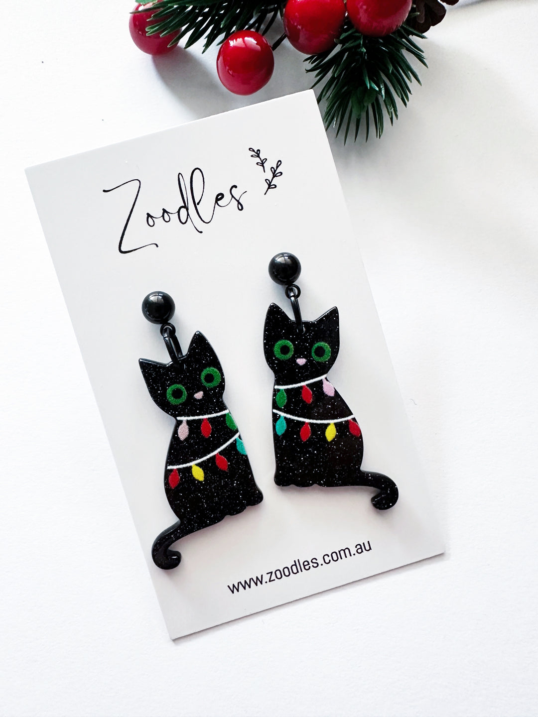 Zoodles Acrylic Dangles - Black Cats in Christmas Lights