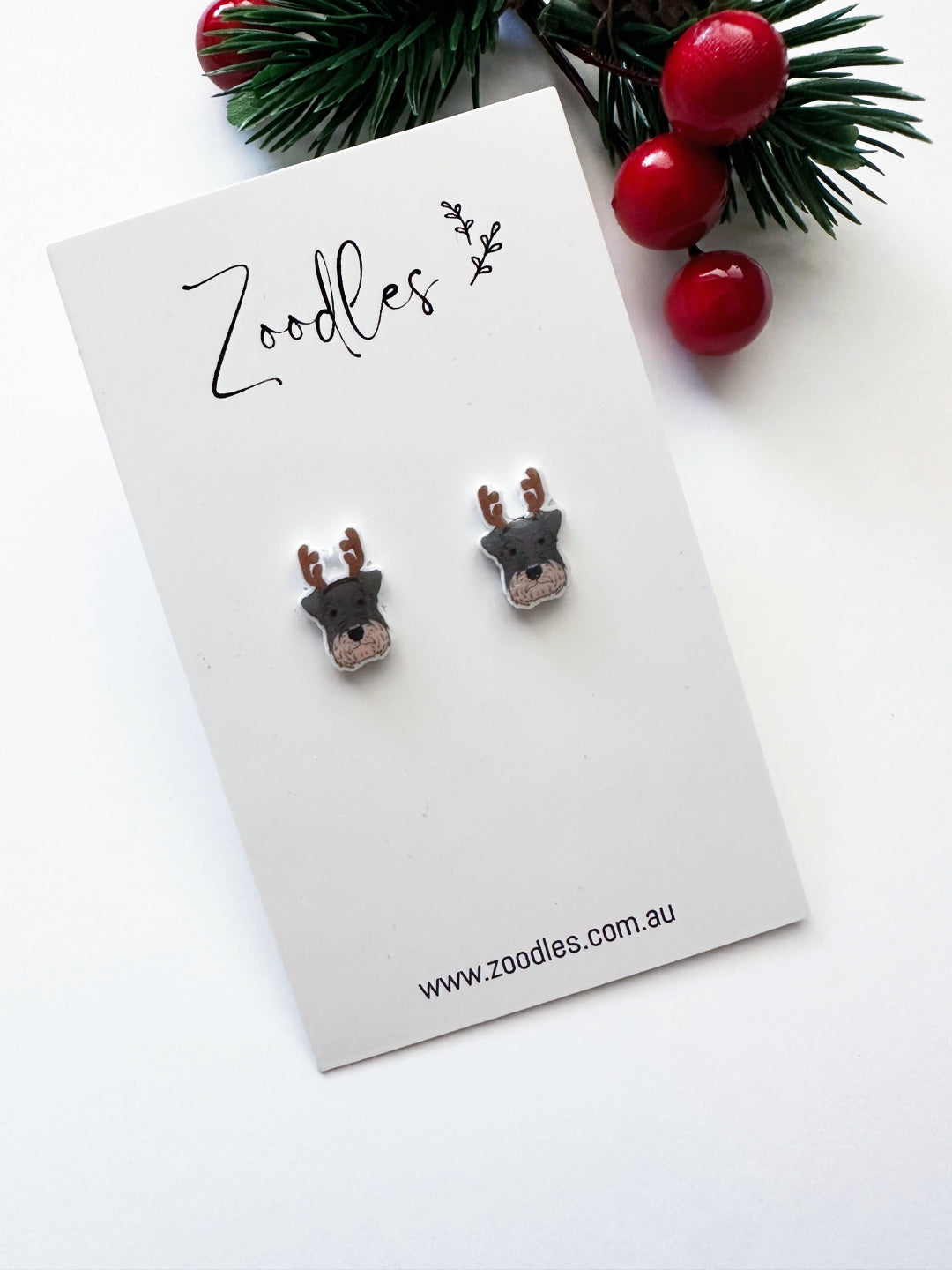 Zoodles Acrylic Mini Studs -  Schnauzer Dog in Santa Hat