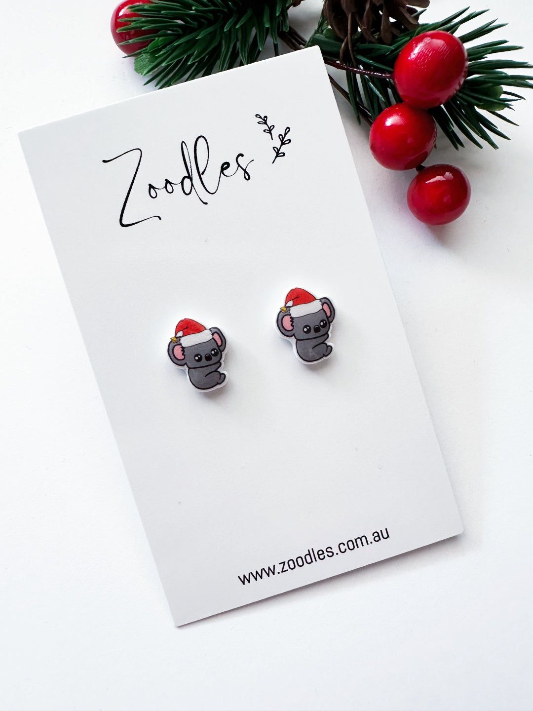 Zoodles Acrylic Mini Studs - Koala Santa