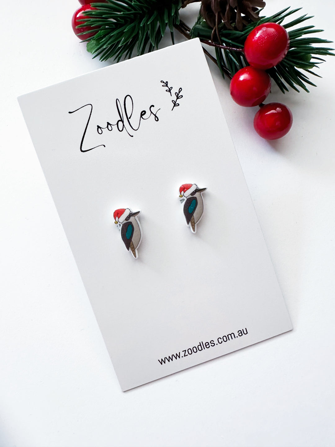 Zoodles Acrylic Mini Studs - Kookaburra Santa Hat